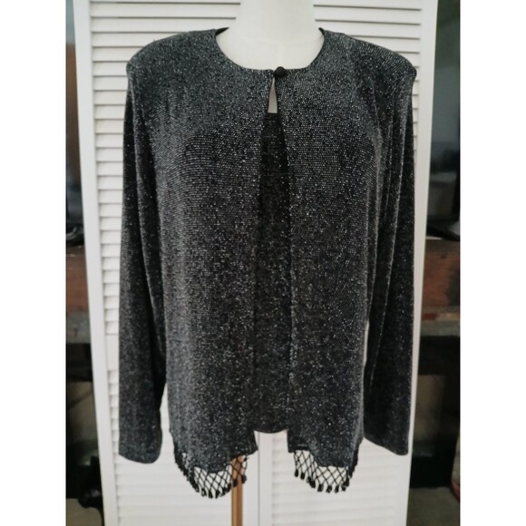 Xscape Women's XL 2 Piece Shimmering Black Jacket & Top Beaded Fringe Office - Picture 2 of 16